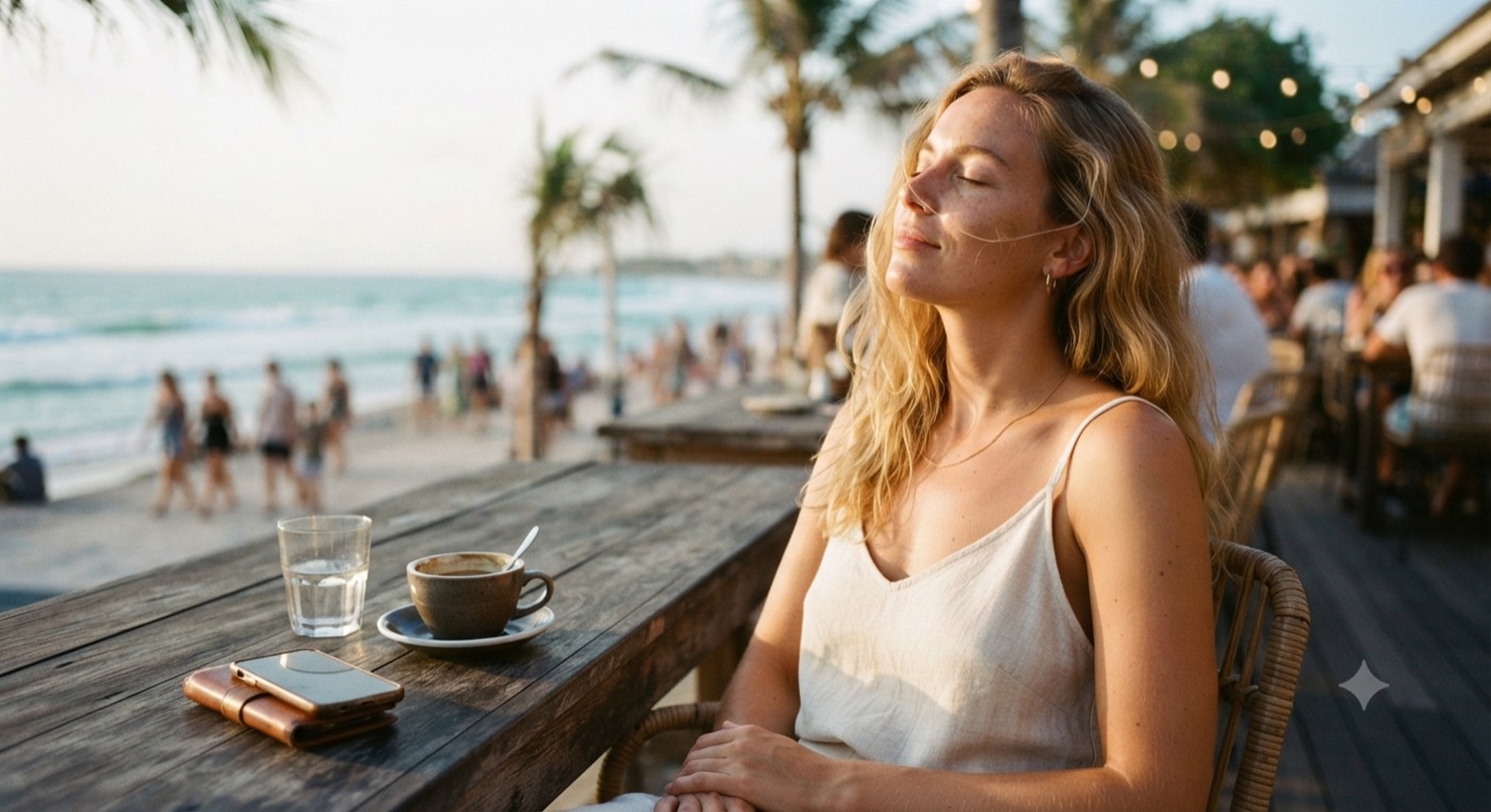 Frau entspannt in einem Strandcafé, Handy beiseitegelegt