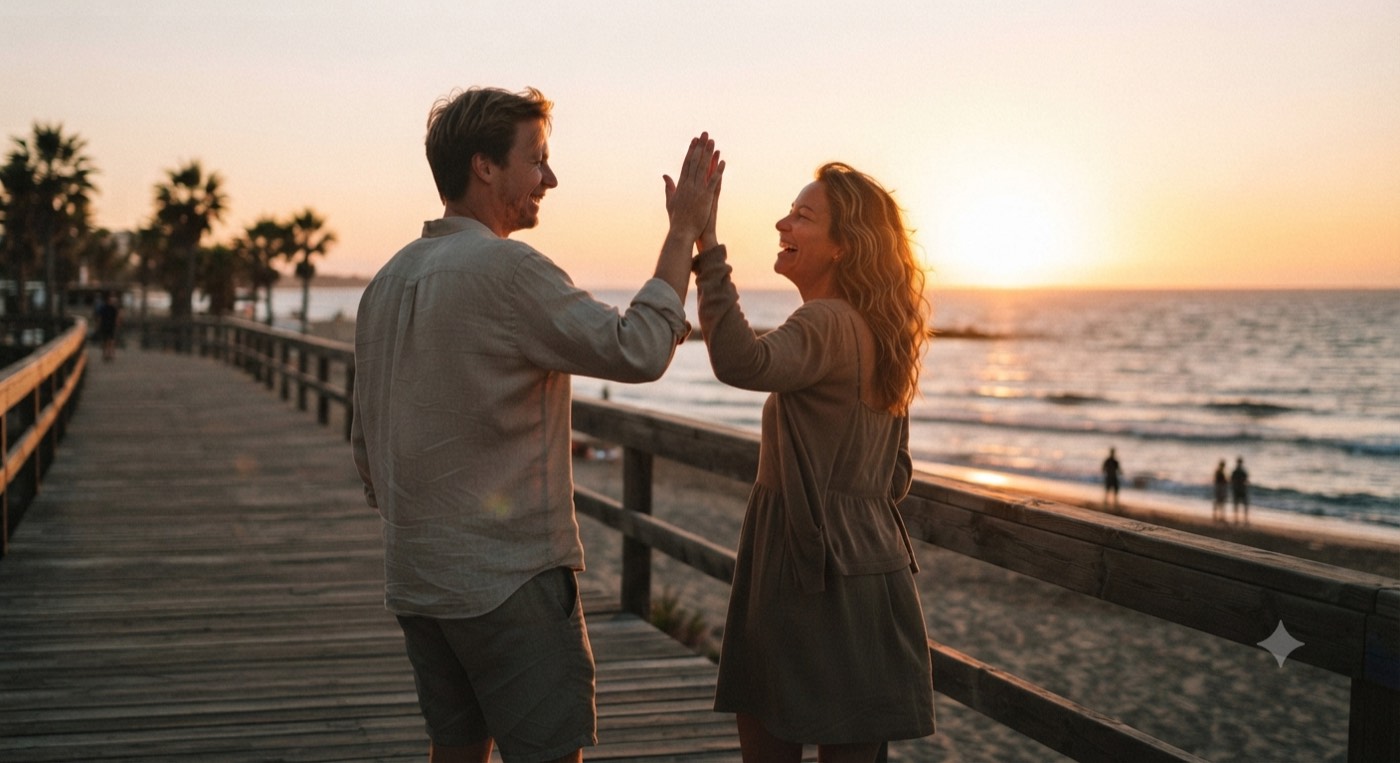Zwei Freunde geben sich ein High-Five auf einem Strandsteg bei Sonnenuntergang