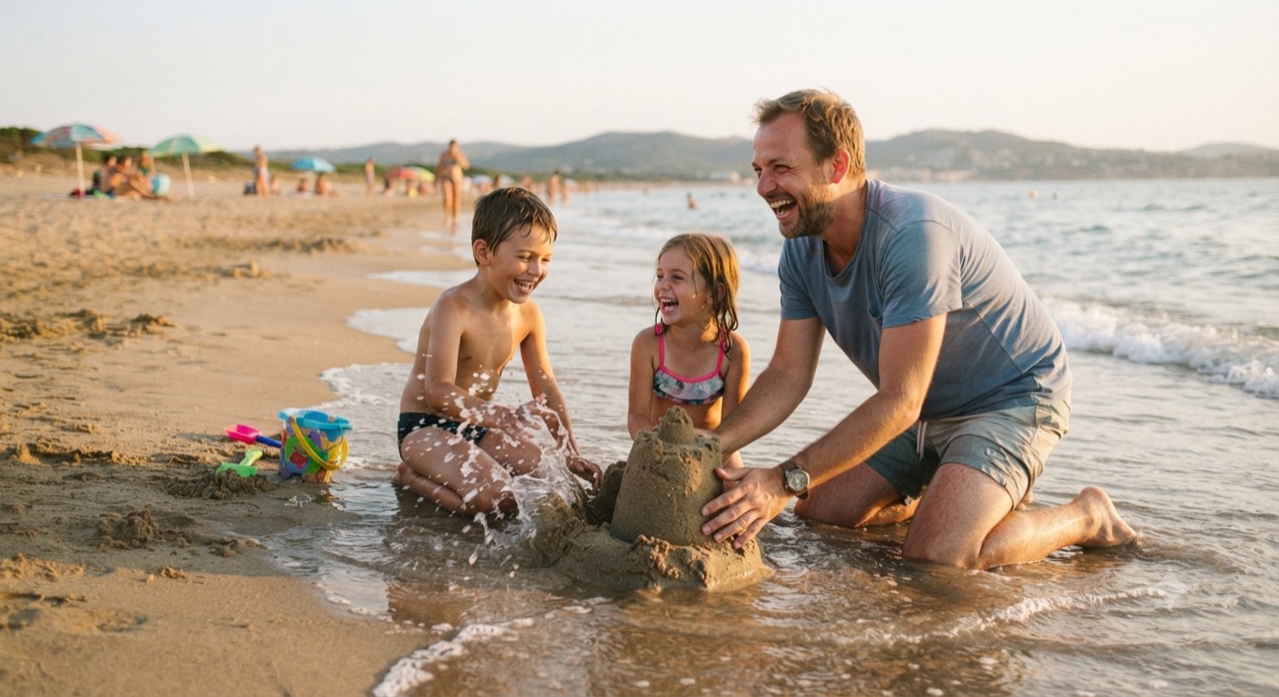 Vater und Kinder bauen gemeinsam eine Sandburg
