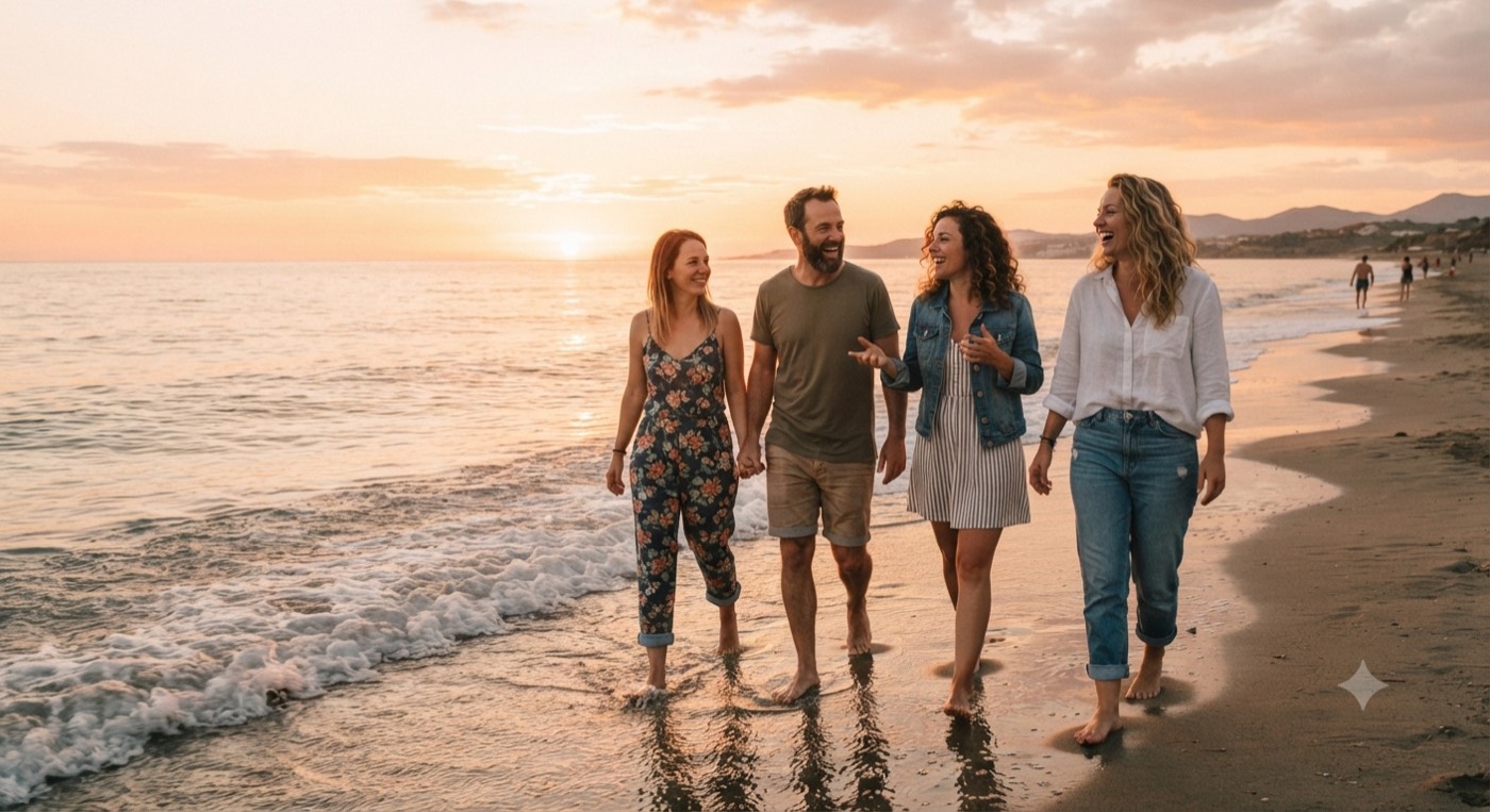 Freunde spazieren bei Sonnenuntergang am Strand