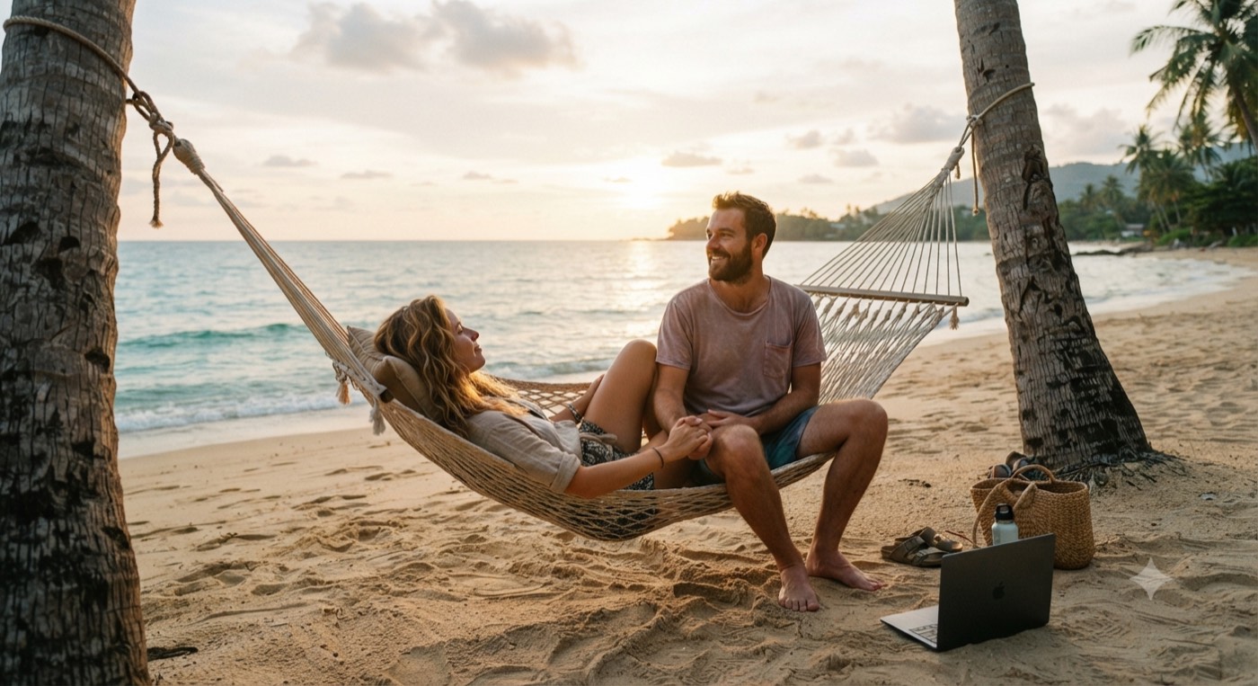 Paar entspannt in einer Hängematte am Strand bei Sonnenuntergang